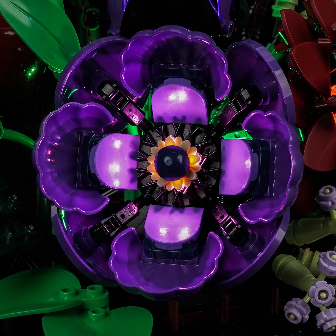 warm LED glow detail: Bright My Bricks LED lighting kit for LEGO® Botanicals Dark Flower Arrangement #11513