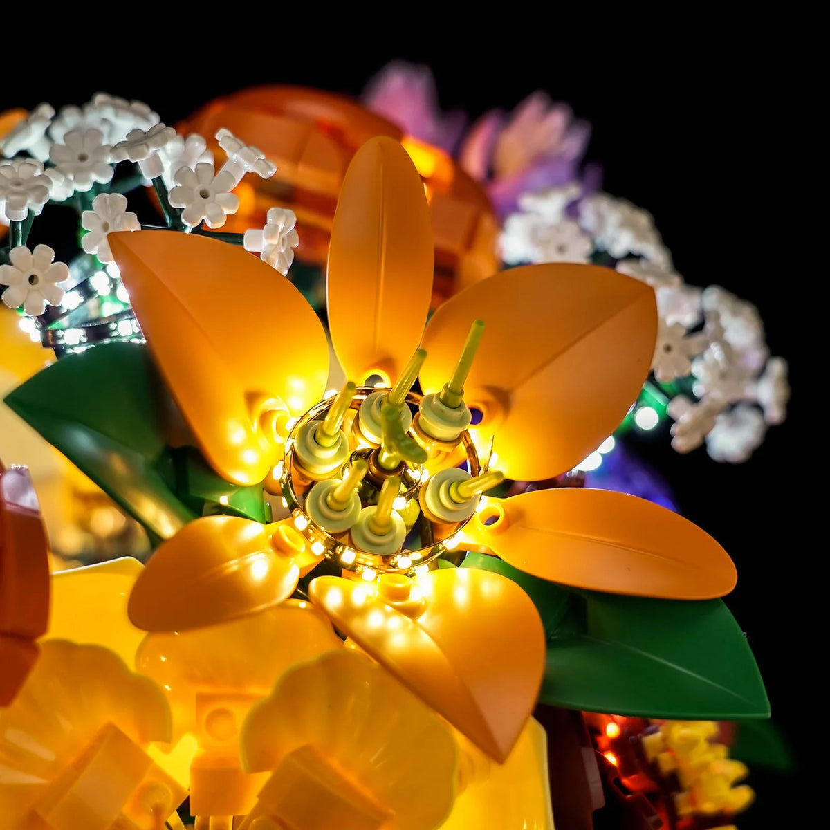 LEGO® Botanicals Flower Arrangement #10345 — brightened interior detail (premium LED light kit)