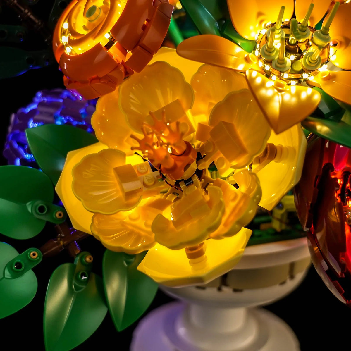 Bright My Bricks custom LED lighting for LEGO® Botanicals Flower Arrangement #10345 — lighting effect on the build