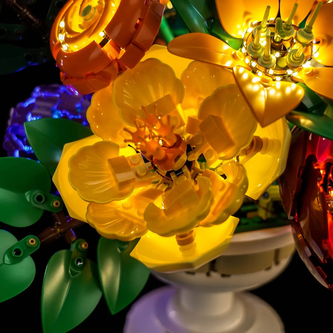 Bright My Bricks custom LED lighting for LEGO® Botanicals Flower Arrangement #10345 — lighting effect on the build