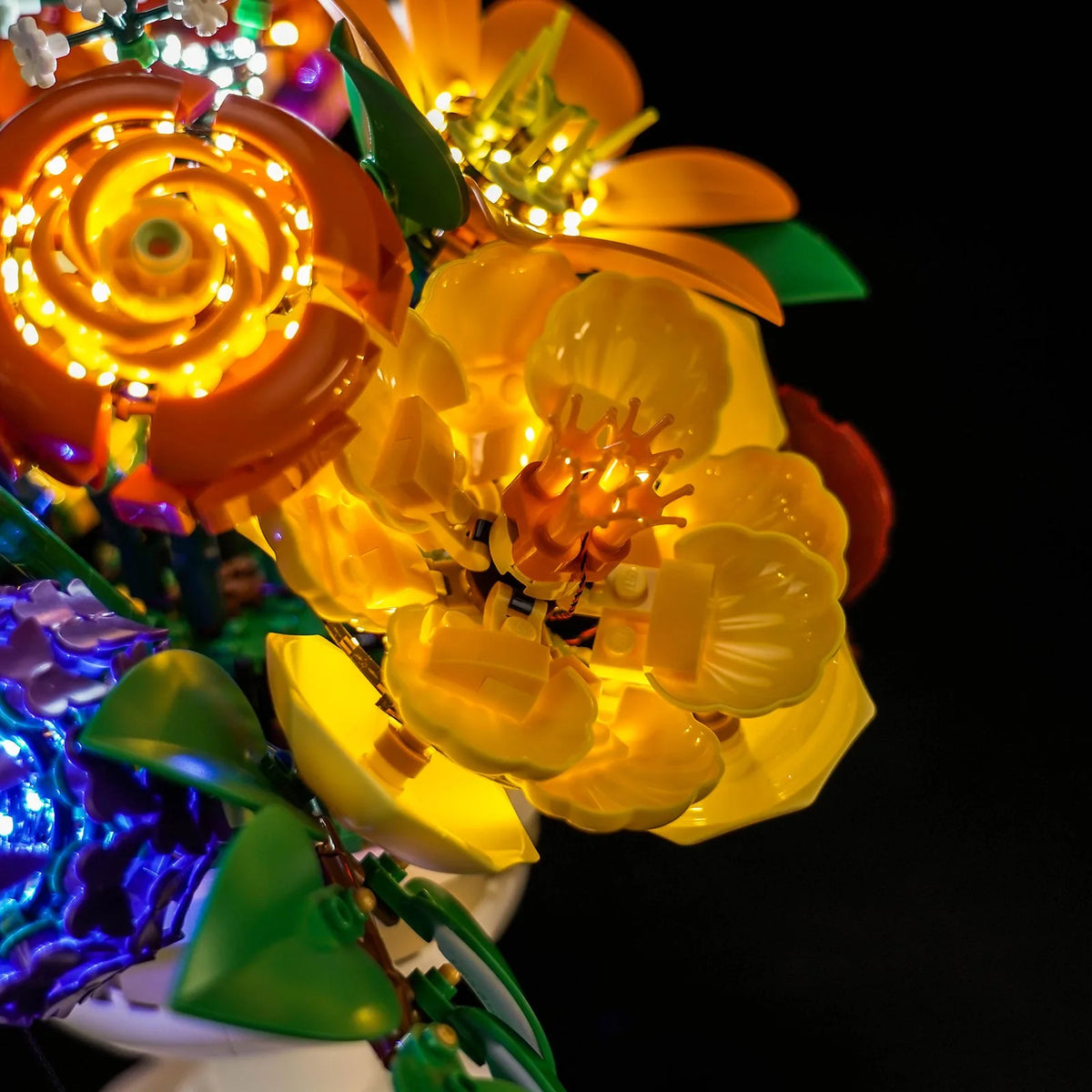 installed and glowing: Bright My Bricks USB-powered LED light kit for LEGO® Botanicals Flower Arrangement #10345