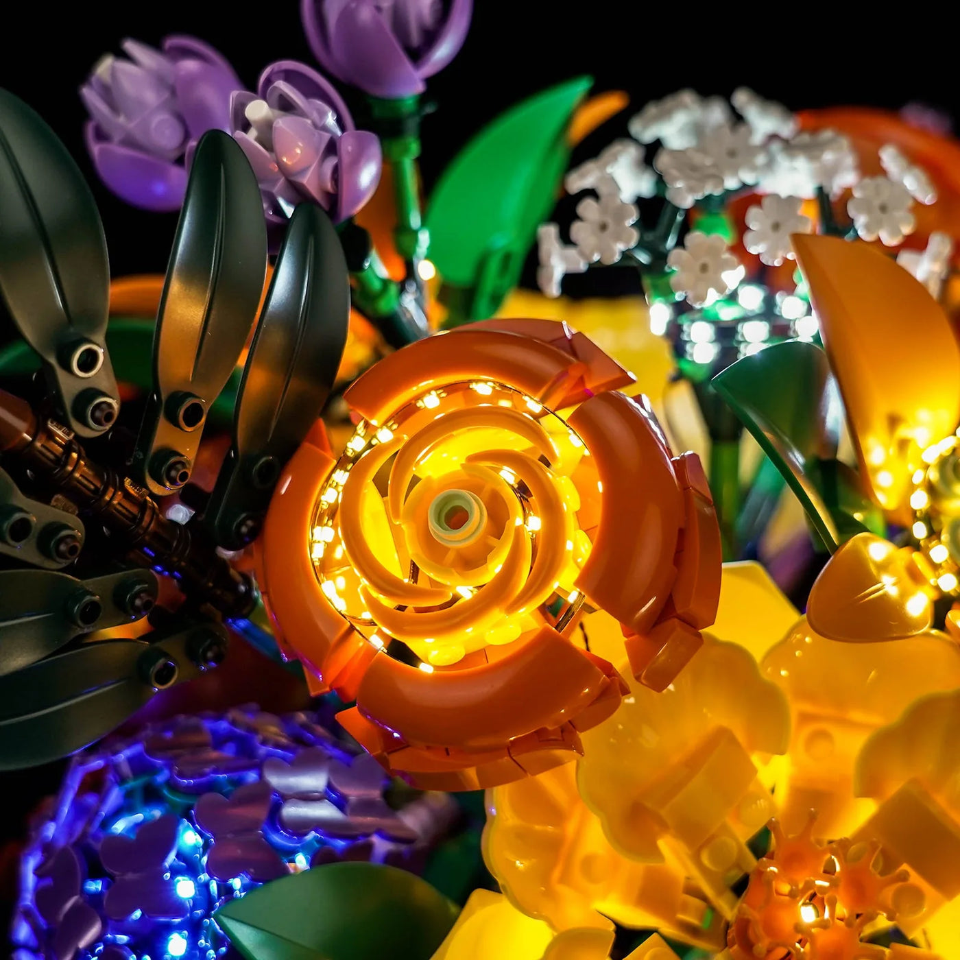 illuminated at night: Bright My Bricks LED light kit for LEGO® Botanicals Flower Arrangement #10345