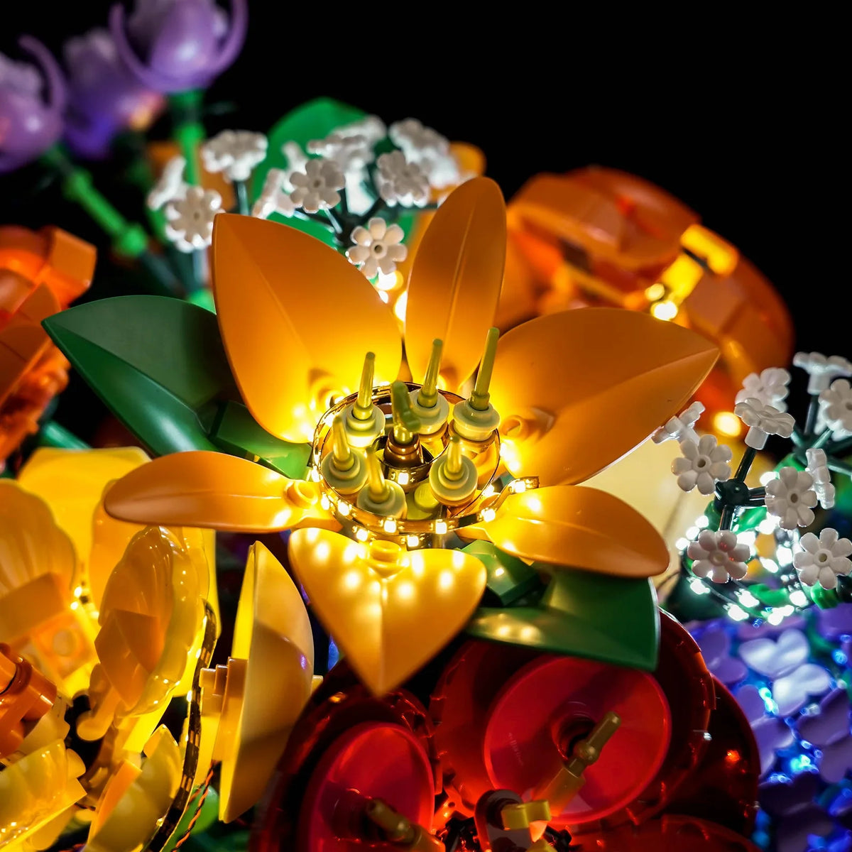 display light kit for LEGO® Botanicals Flower Arrangement #10345, illuminated at night