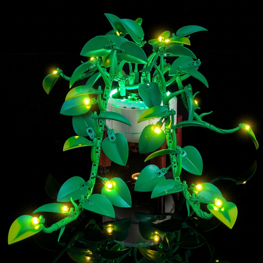 LEGO® Botanicals Hanging Golden Pothos #11512 lighting effect on the build, with the premium LED light kit
