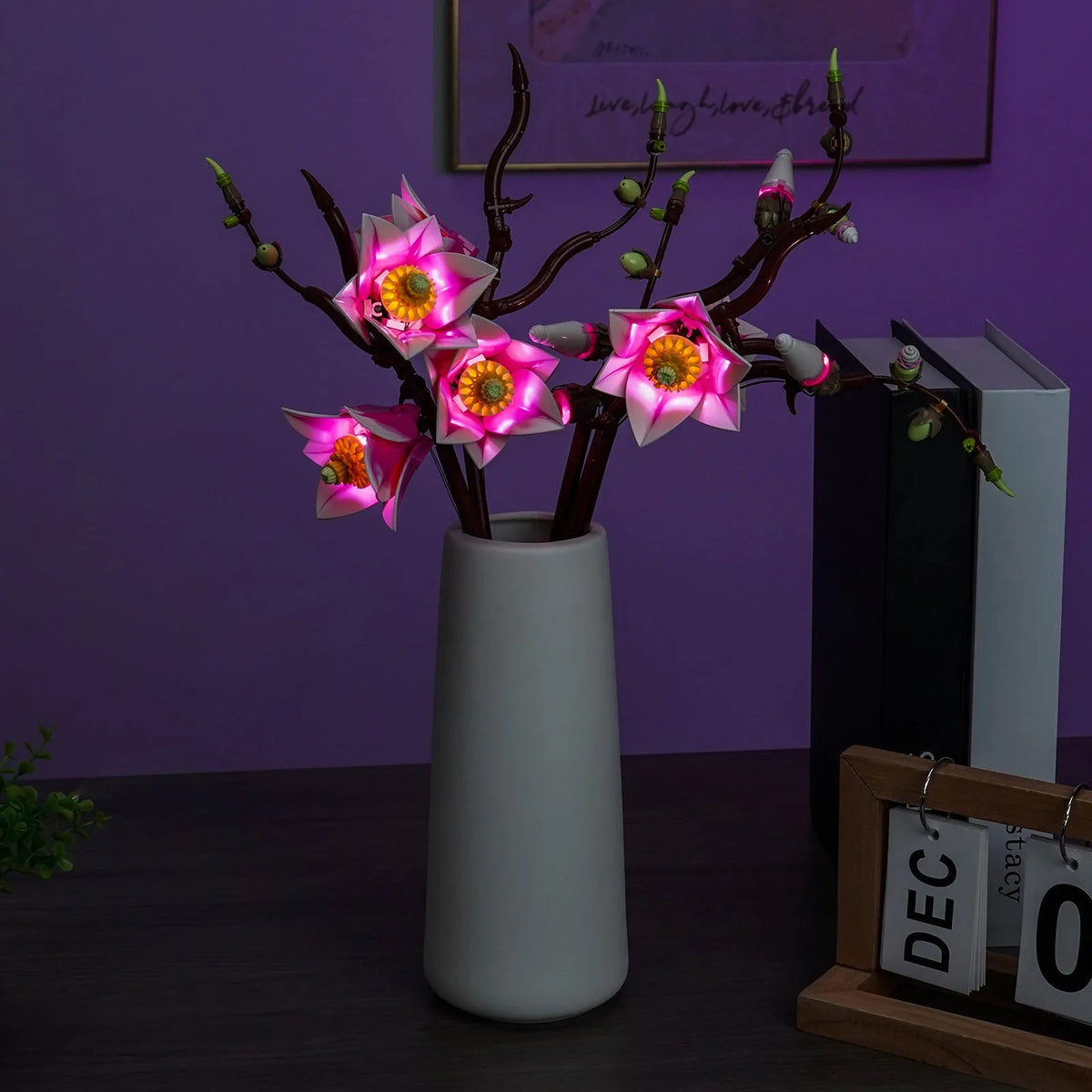 LEGO® Botanicals Magnolia Branches #11510 — illuminated at night (USB-powered LED light kit)