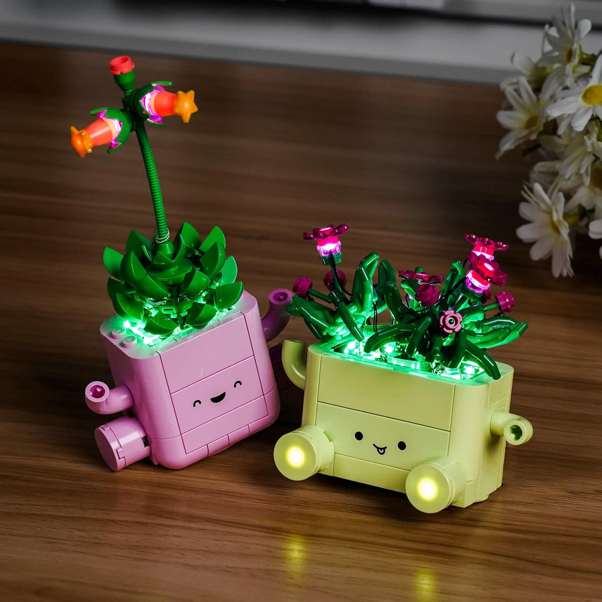 LEGO® Botanicals Rocking Plants #11506 side angle with lights on, with the DIY LED light kit