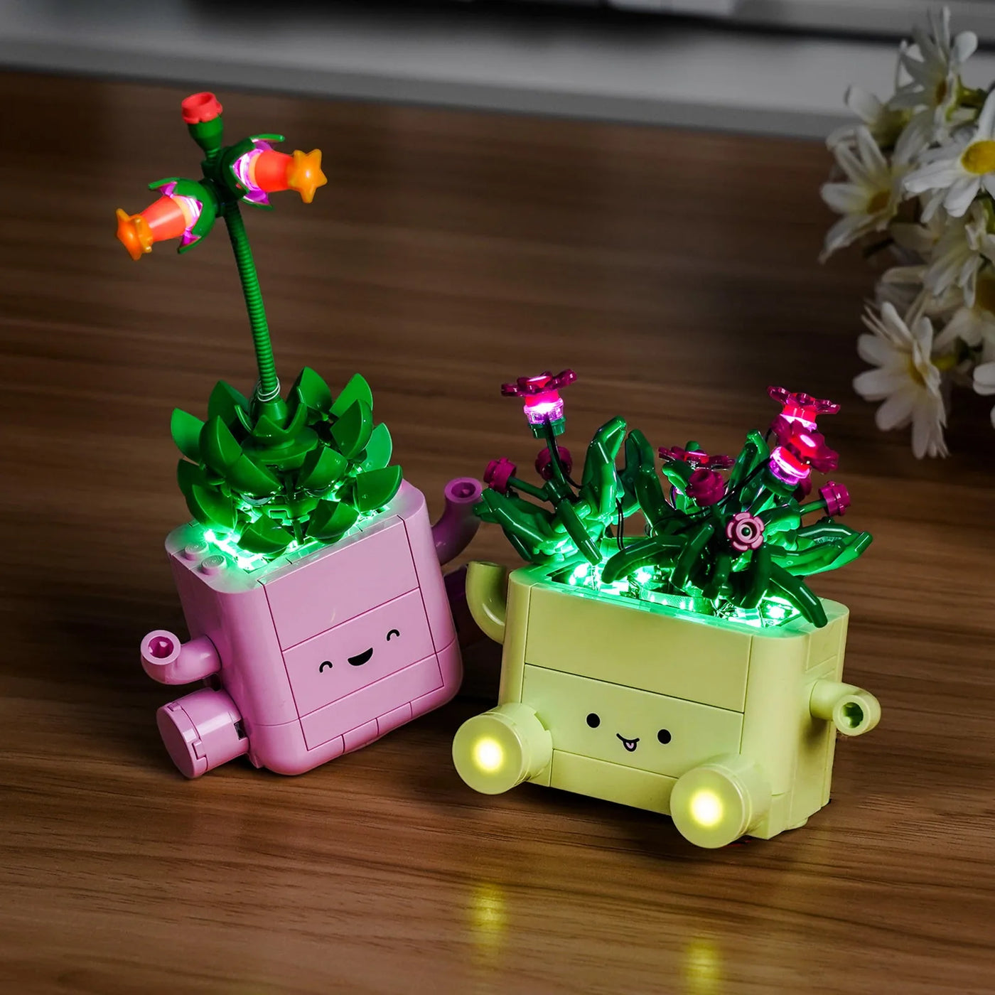 LEGO® Botanicals Rocking Plants #11506 side angle with lights on, with the DIY LED light kit