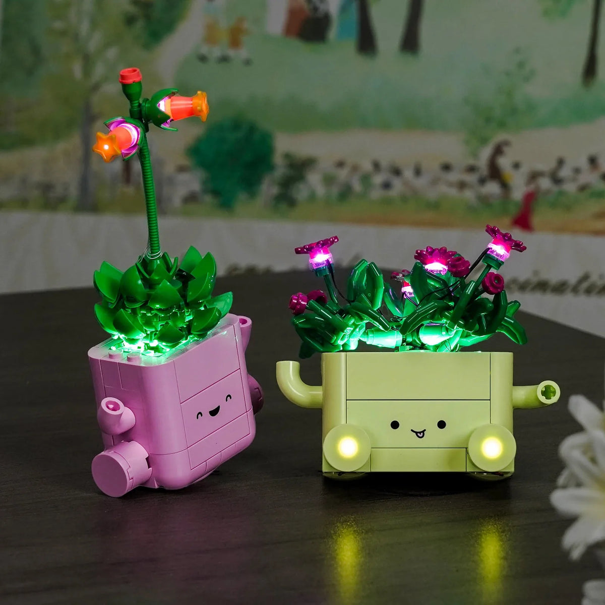 DIY LED light kit for LEGO® Botanicals Rocking Plants #11506, fully illuminated on display