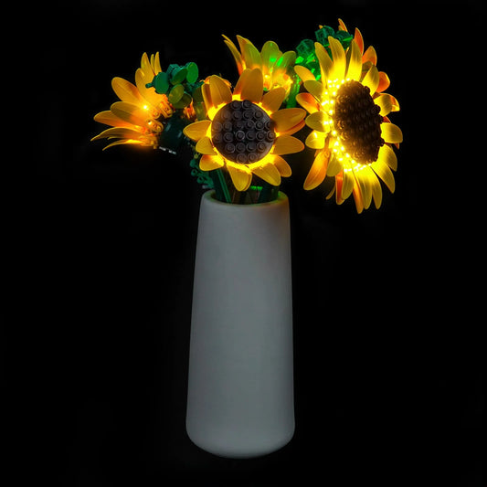 LEGO® Botanicals Sunflower Bouquet #11502 front view fully lit, with the DIY LED light kit