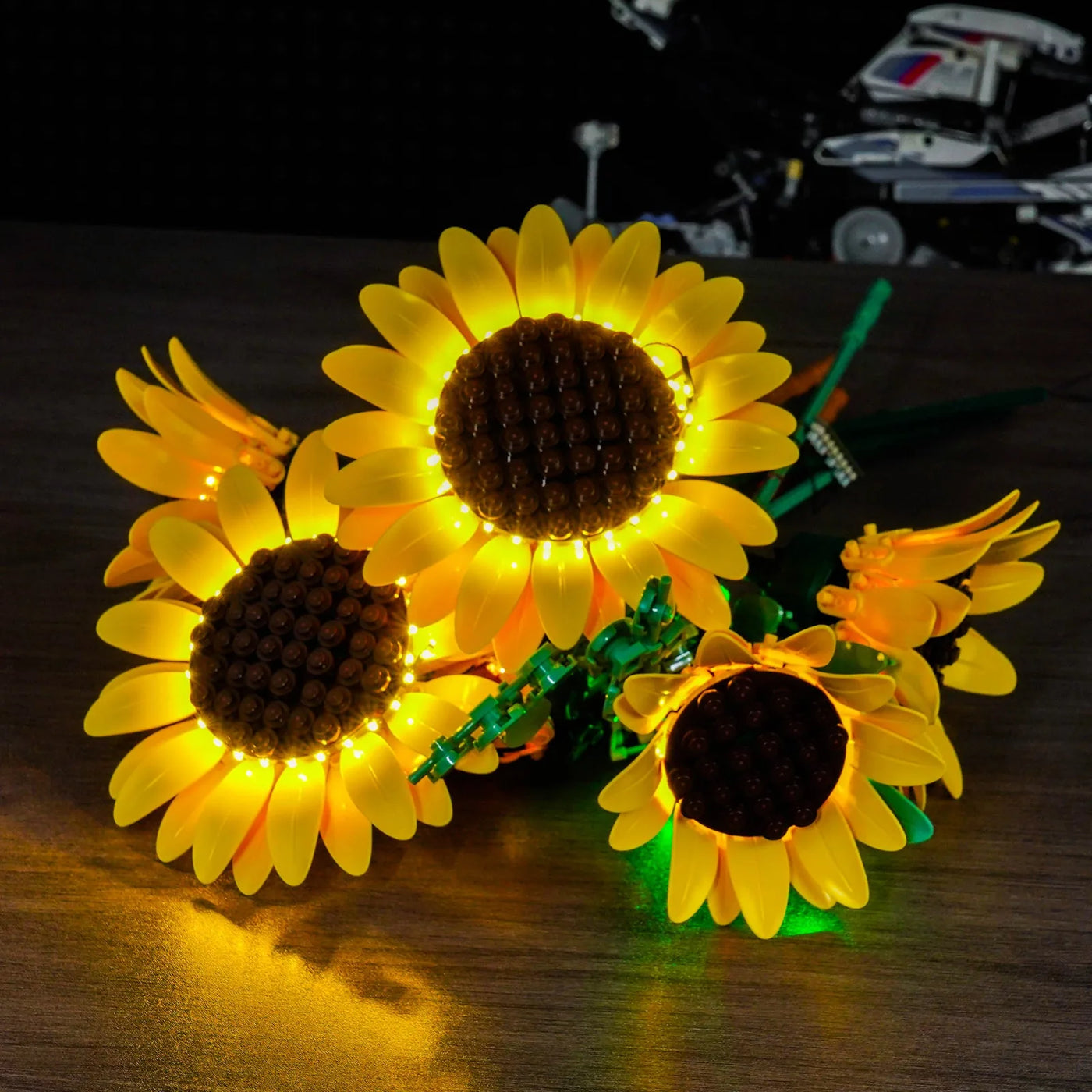 LEGO® Botanicals Sunflower Bouquet #11502 night-mode display glow, with the LED light kit