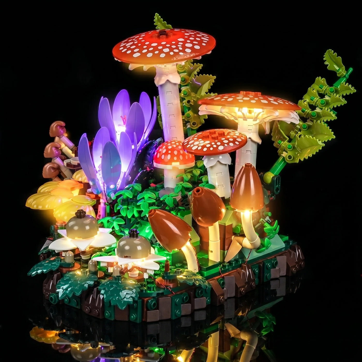 LEGO® Botanicals Woodland Mushrooms #11505 front view fully lit, with the premium LED light kit