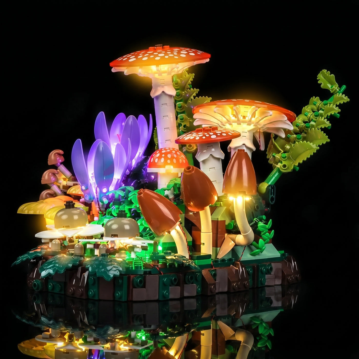 LED light kit for LEGO® Botanicals Woodland Mushrooms #11505, before-and-after lighting