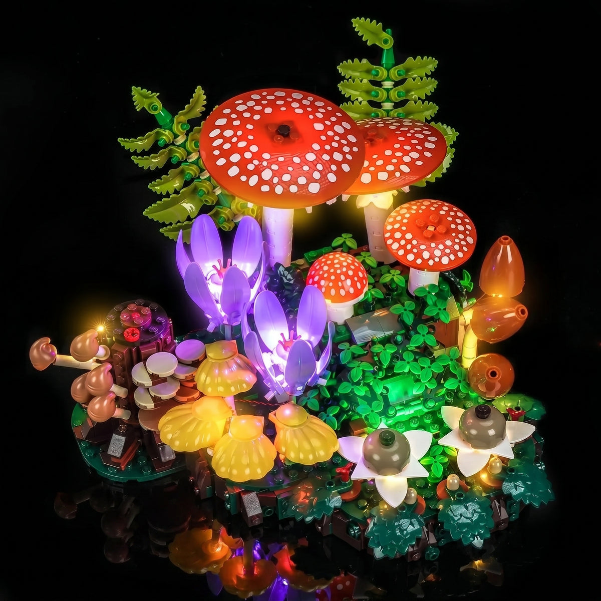 warm LED glow detail: Bright My Bricks LED lights for LEGO® Botanicals Woodland Mushrooms #11505