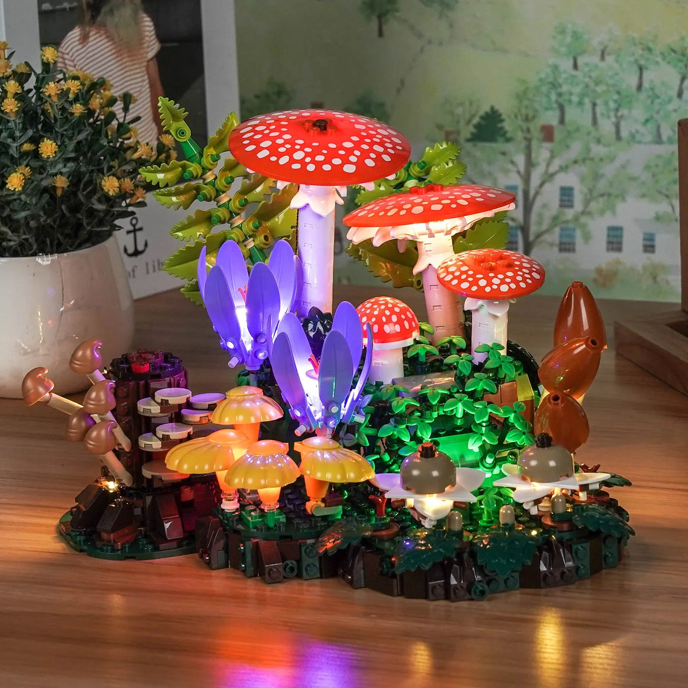 LEGO® Botanicals Woodland Mushrooms #11505 showcase lighting view, with the LED lighting kit