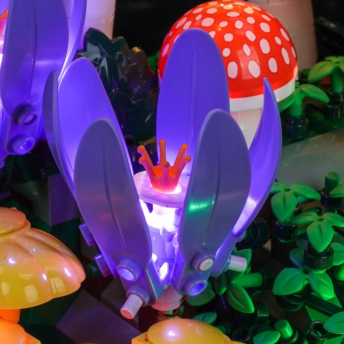 custom LED lighting for LEGO® Botanicals Woodland Mushrooms #11505, close-up of the LED lighting detail