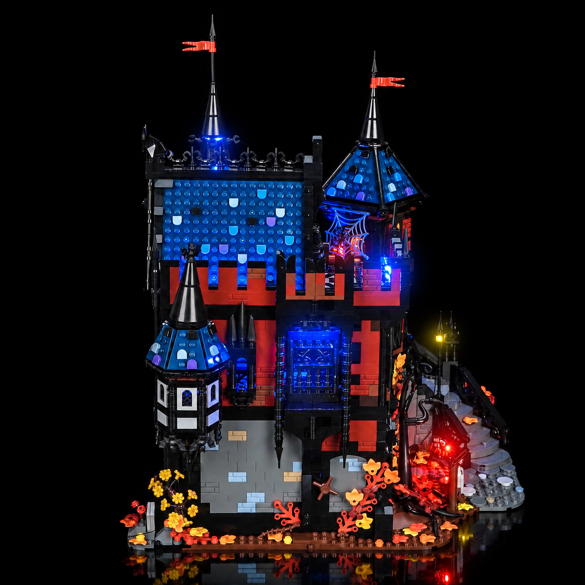 LED-Kit für LEGO BrickLink Adventure in Transylvania 910049, Seitenprofil des blauen Dachs und Turms über dem steinernen Sockel