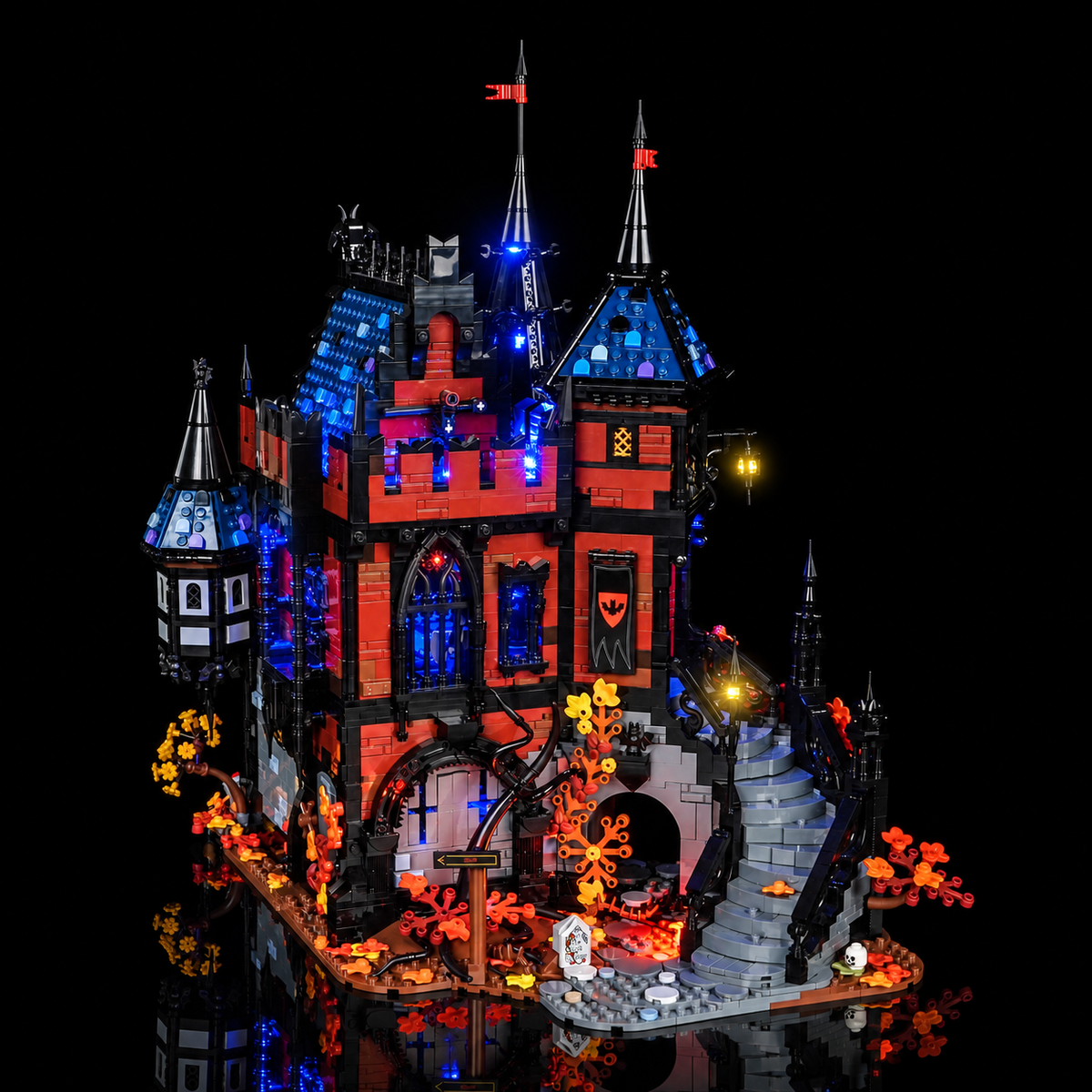 LED-Kit für LEGO BrickLink Adventure in Transylvania 910049, Dreiviertelansicht des beleuchteten roten Turms, Eingangs und der geschwungenen Steintreppe