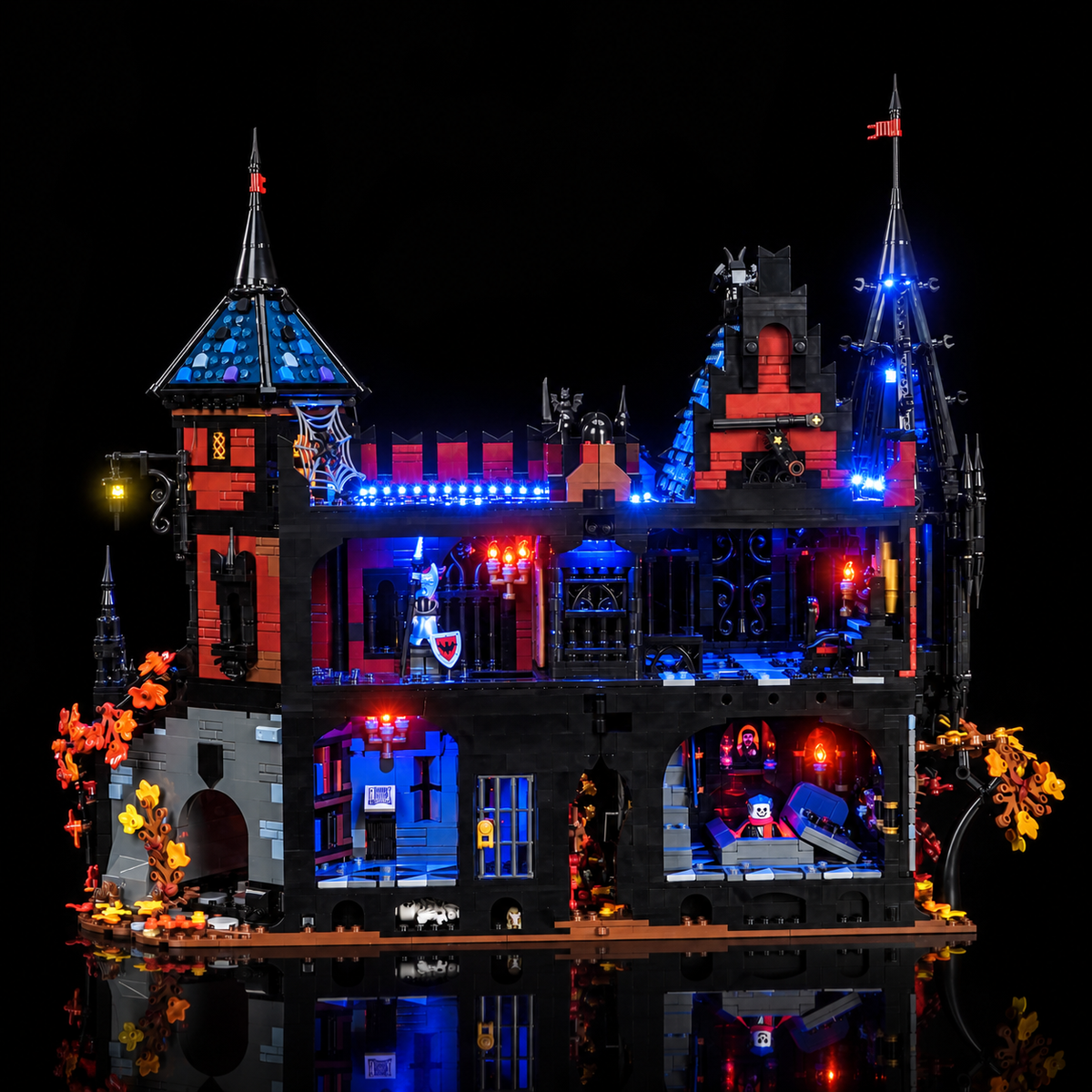 LED-Kit für LEGO BrickLink Adventure in Transylvania 910049, offene Rückansicht mit beleuchteten Schlossräumen und blauem oberen Gang