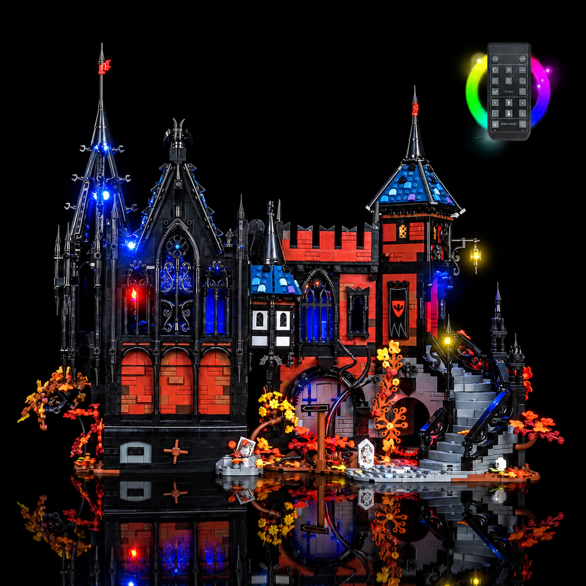 LED-Kit für LEGO BrickLink Adventure in Transylvania 910049, beleuchtetes gotisches Schloss mit blauen und roten Akzenten und gezeigter Fernbedienung