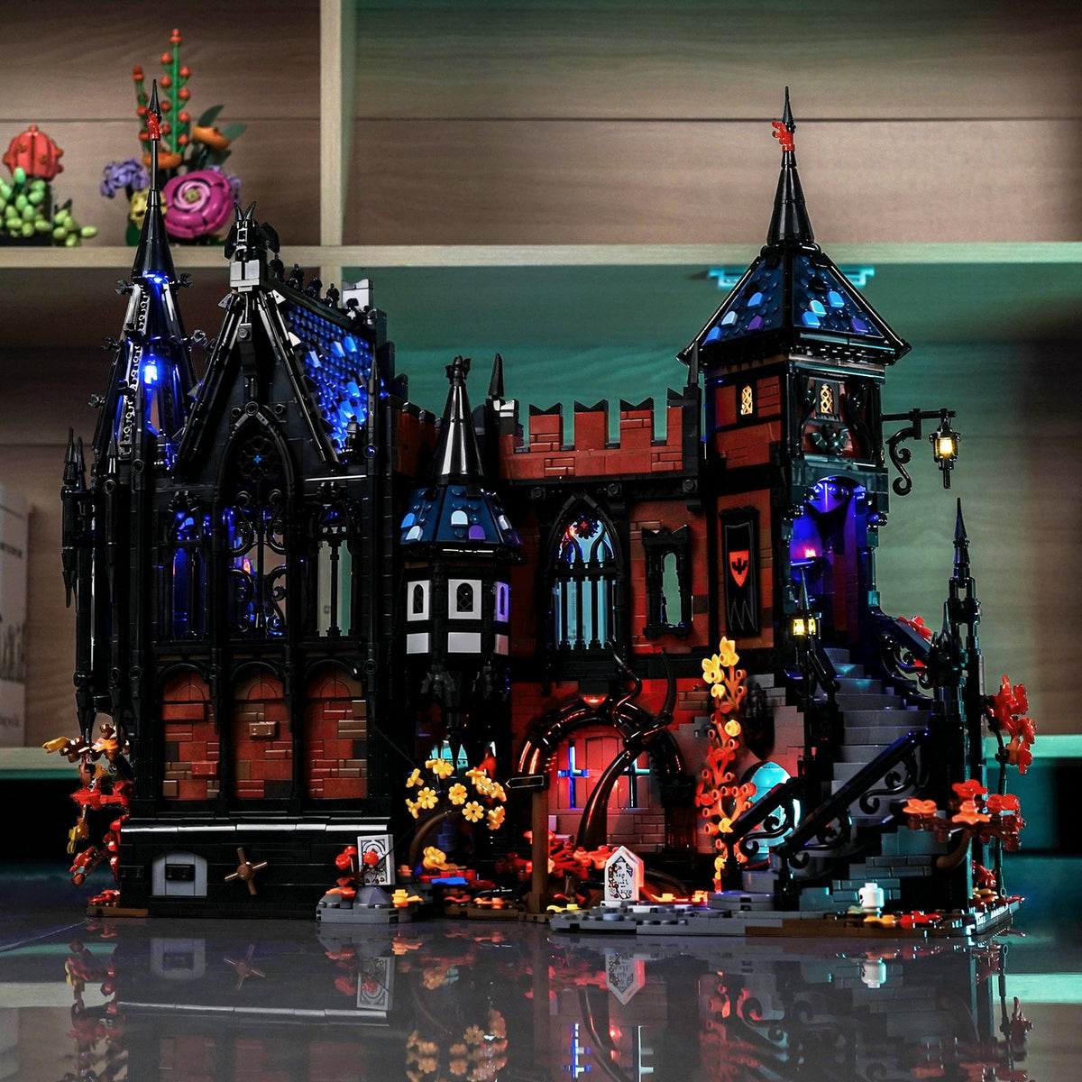 LED-Kit für LEGO BrickLink Adventure in Transylvania 910049, Schloss im Regal mit blauen Dachlichtern, roten Fenstern und warmen Laternen