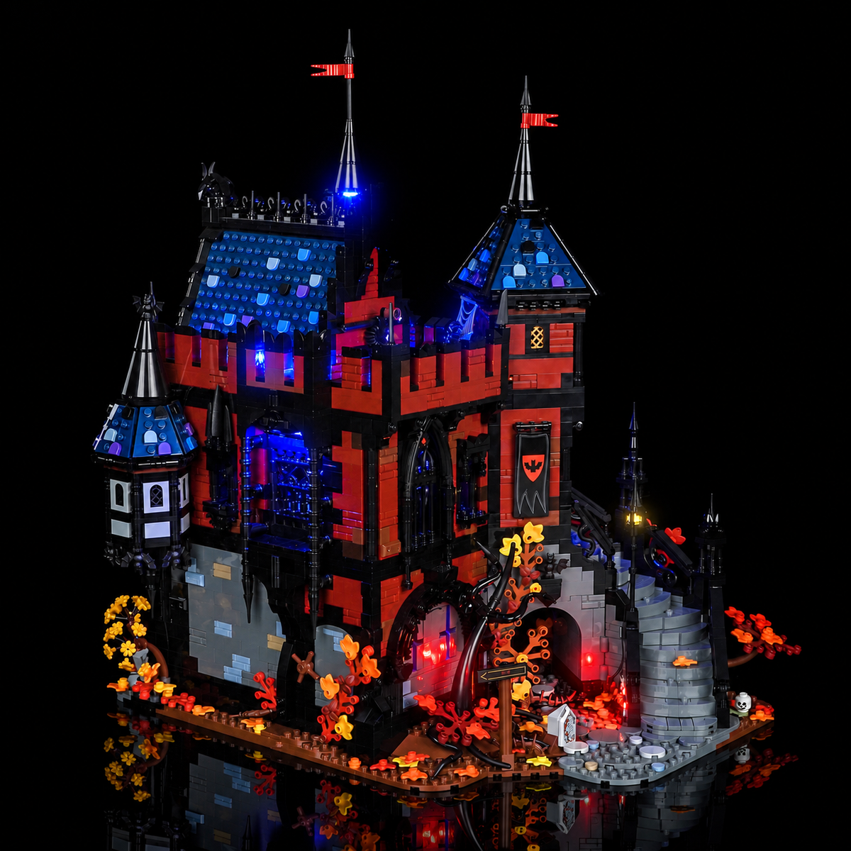 LED-Kit für LEGO BrickLink Adventure in Transylvania 910049, Seitenansicht blauer Dächer, des roten Turms und warmer Lichter an der Steintreppe