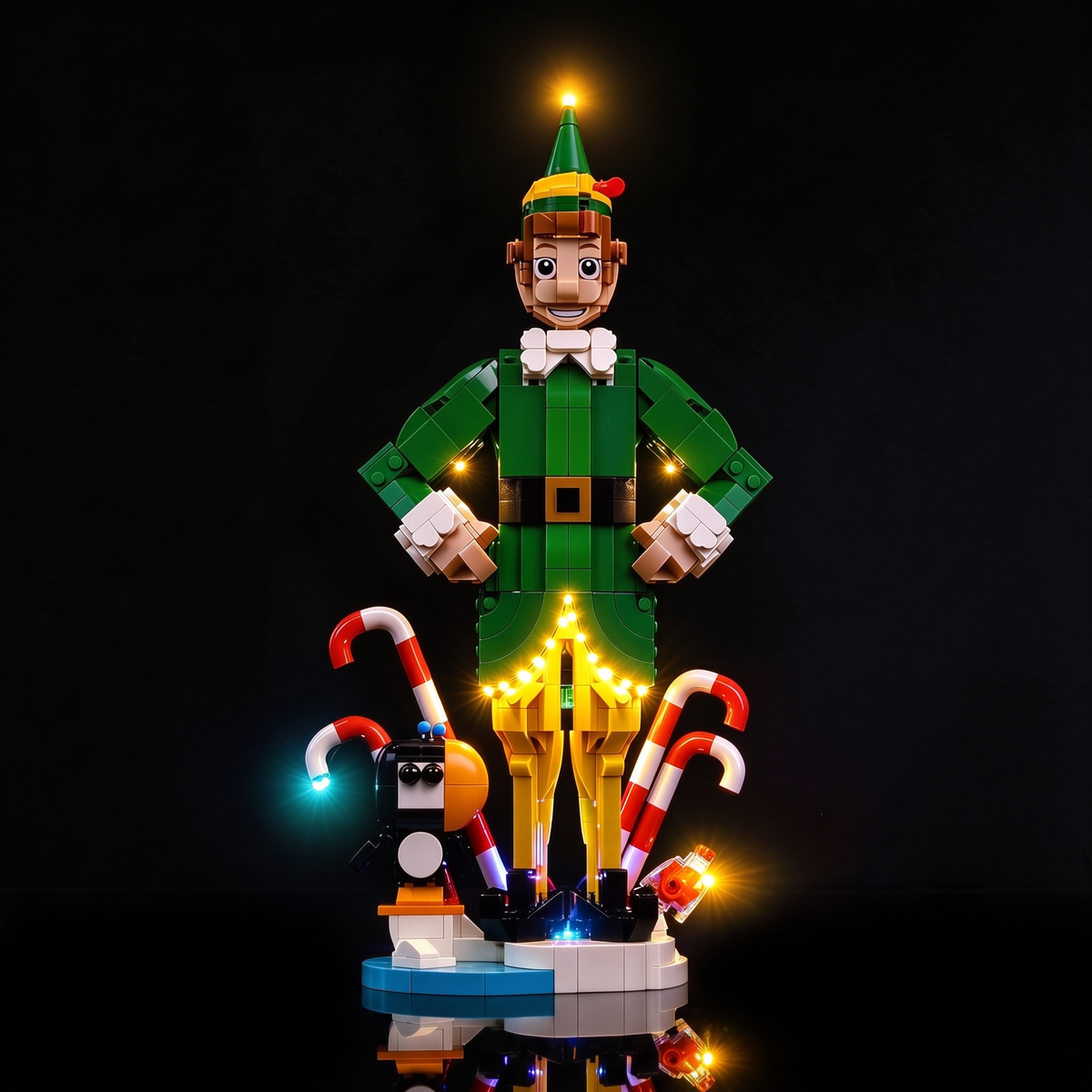 Front view of illuminated LEGO® Buddy the Elf #40865 with warm and blue lights