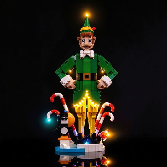 Front view of illuminated LEGO® Buddy the Elf #40865 with warm and blue lights