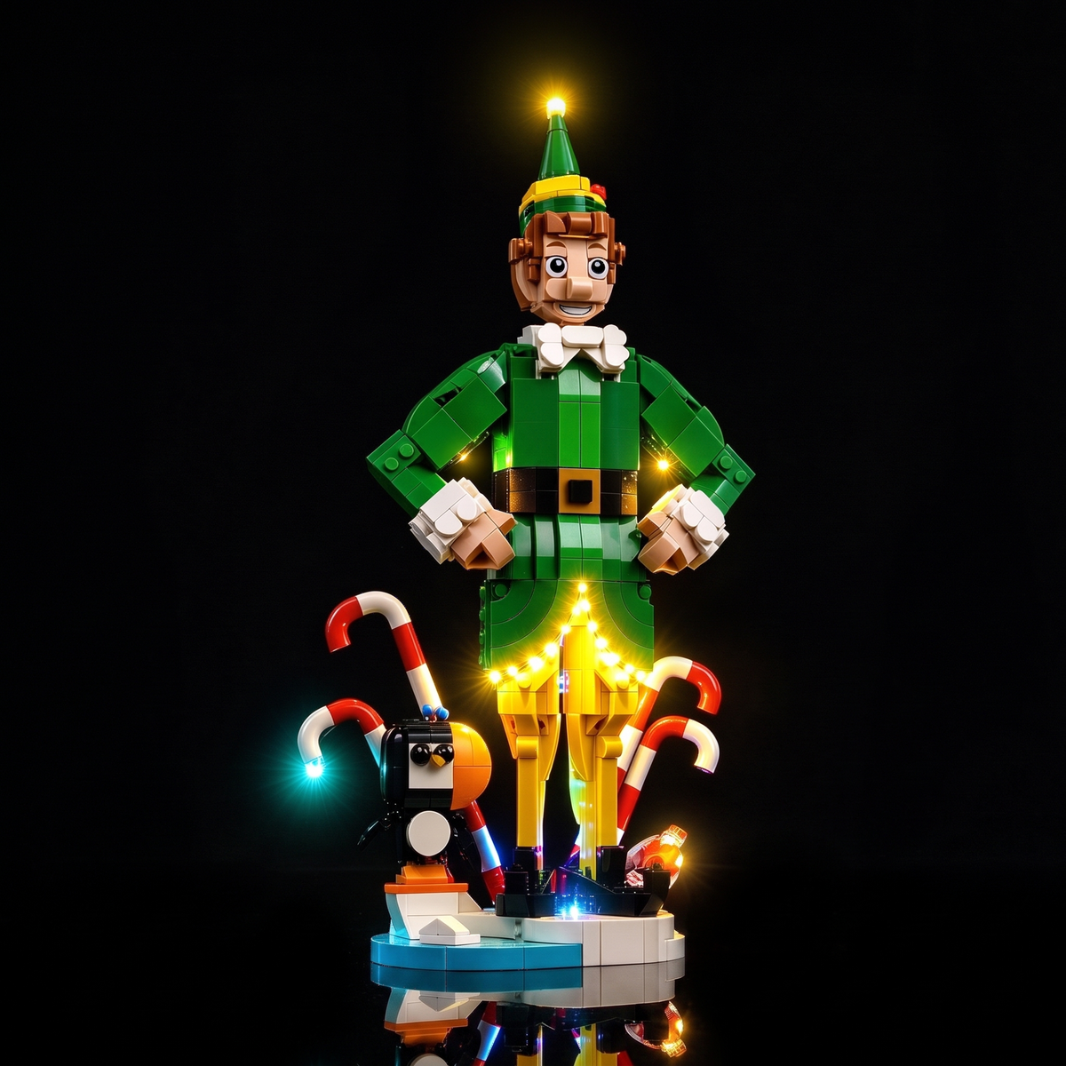 Right-front view of the LEGO® Buddy the Elf #40865 LED light kit