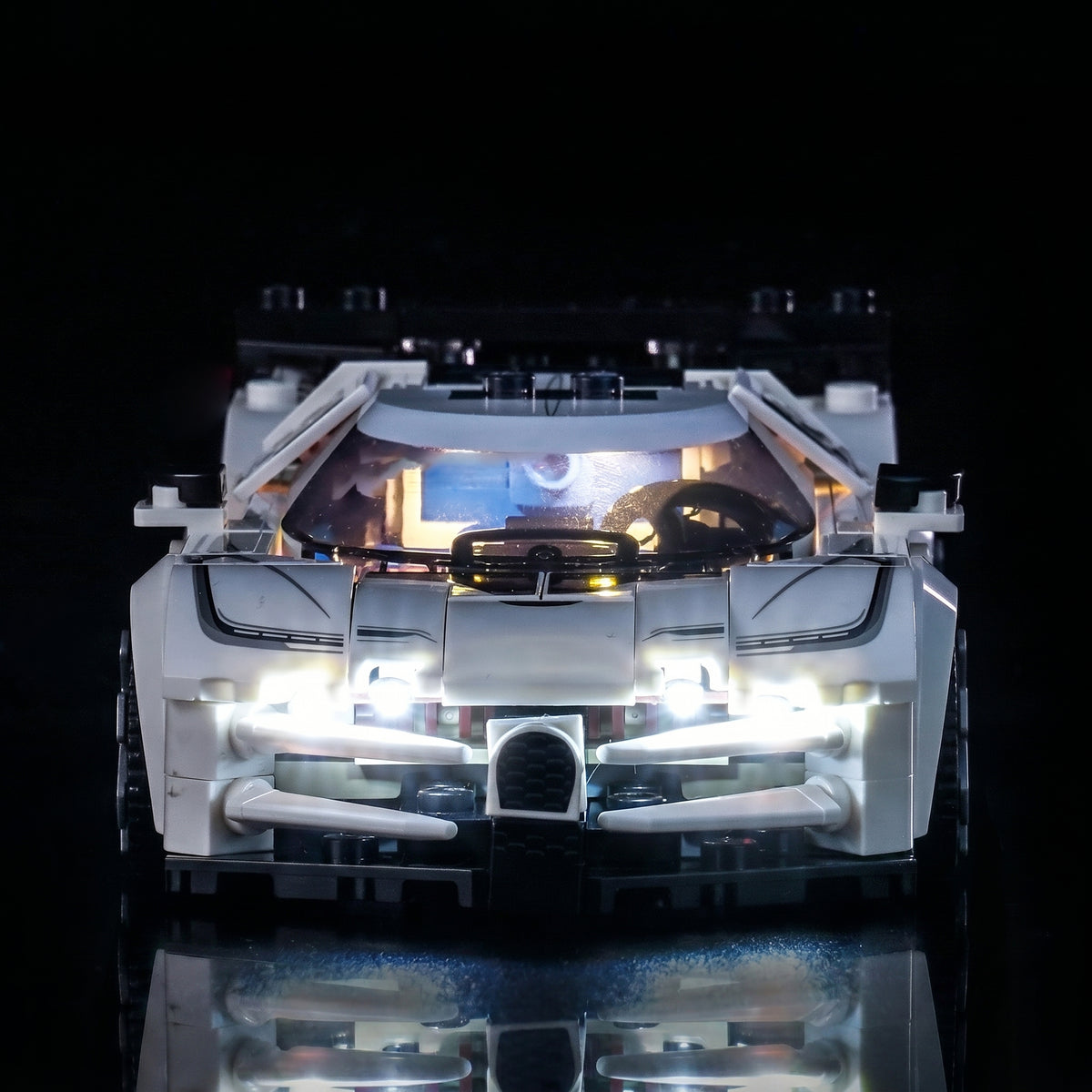 DIY LED light kit for LEGO® Bugatti Centodieci Hyper Sports Car #77240, front view fully lit