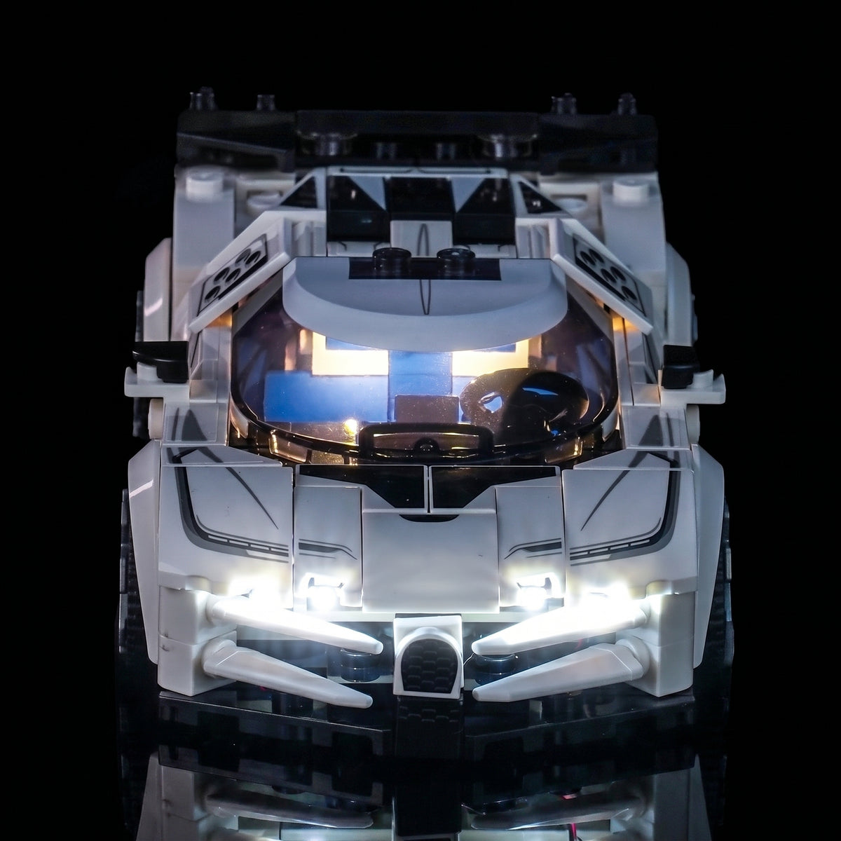 LEGO® Bugatti Centodieci Hyper Sports Car #77240 front view fully lit, with the LED lights