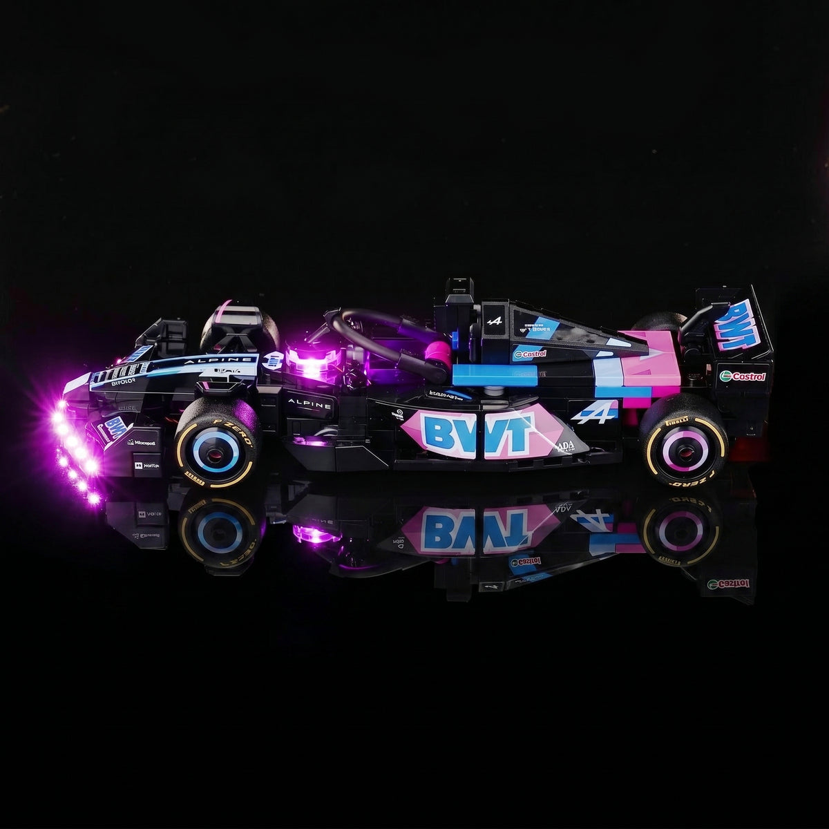 LEGO® BWT Alpine F1 Team A524 Race Car #77248 lighting effect on the build, with the LED lighting kit