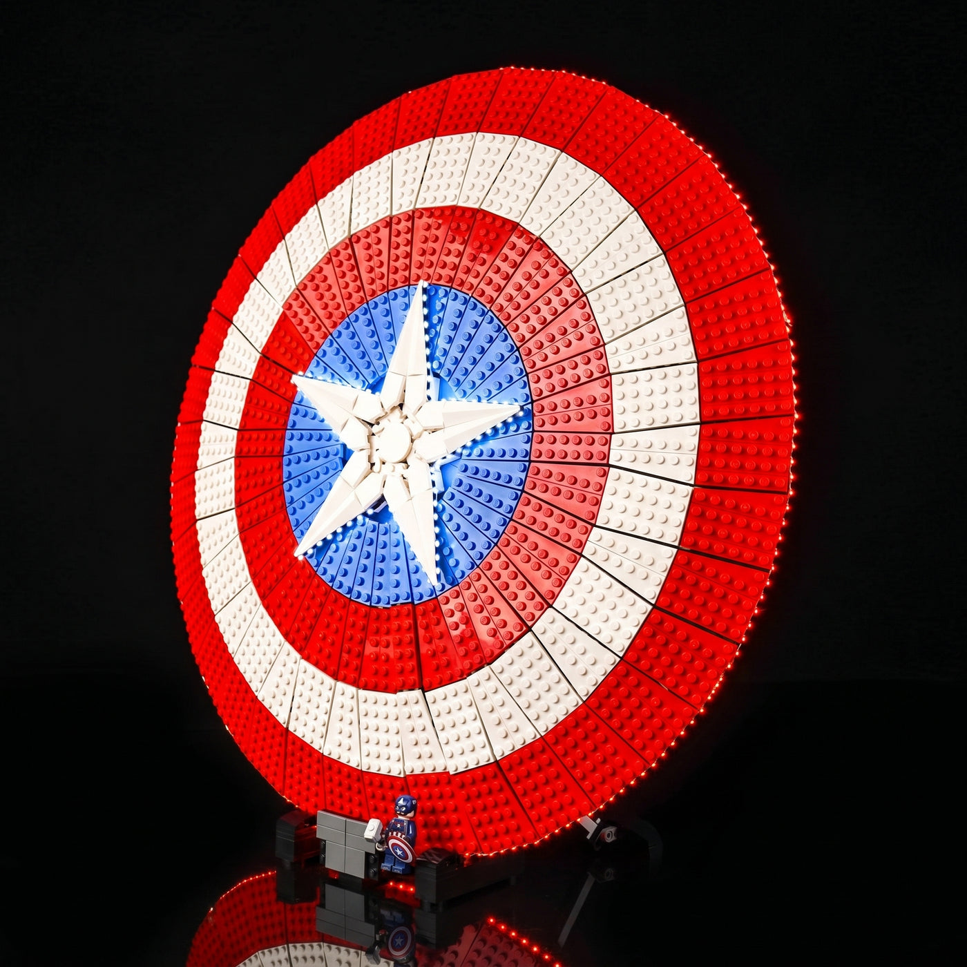 LED light kit for LEGO® Captain America’s Shield #76262, installed and glowing