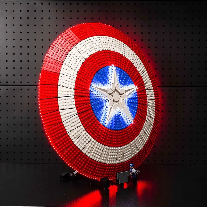 LEGO® Captain America’s Shield #76262 lighting effect on the build, with the USB-powered LED light kit