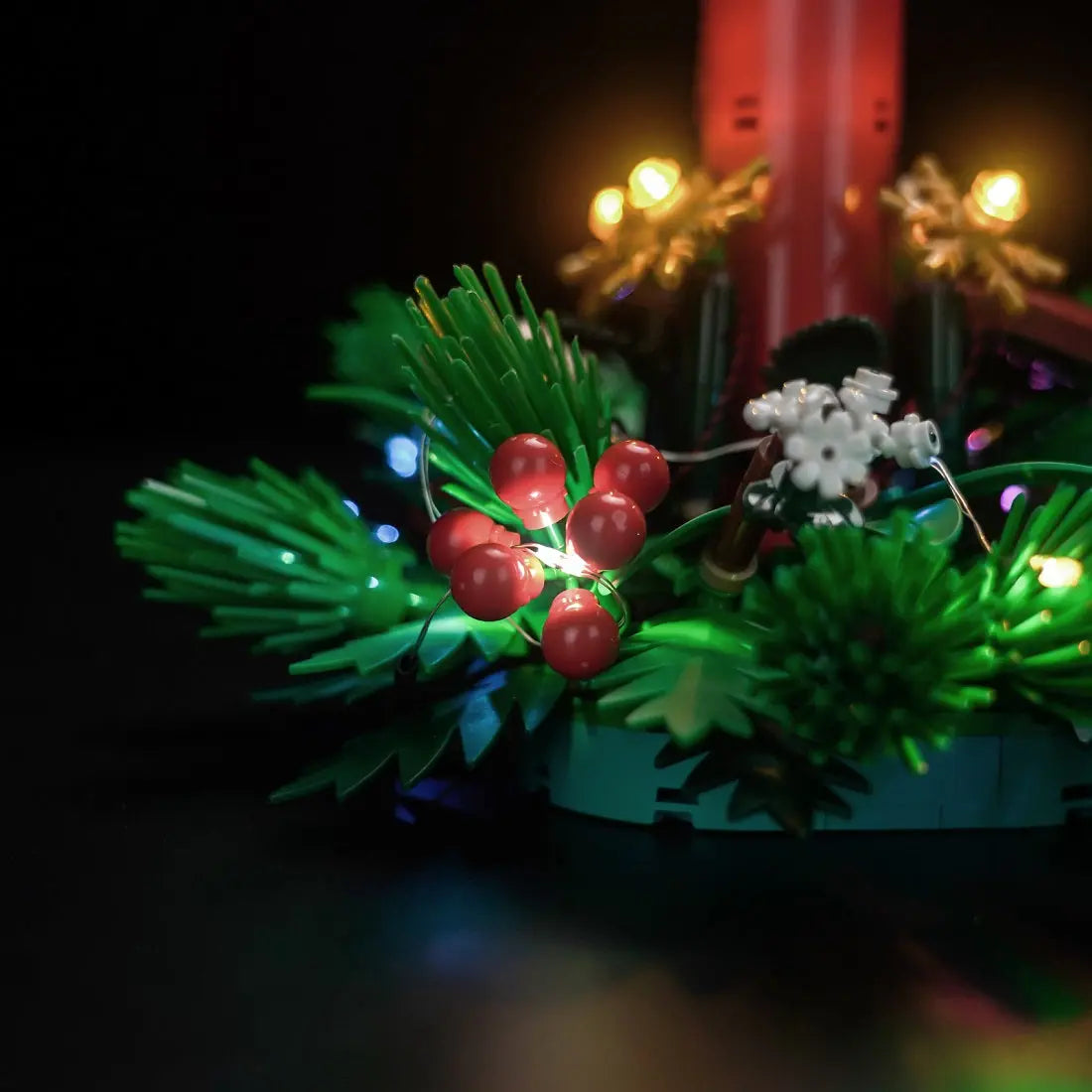 LEGO® Christmas Table Decoration #40743 — installed and glowing (USB-powered LED light kit)