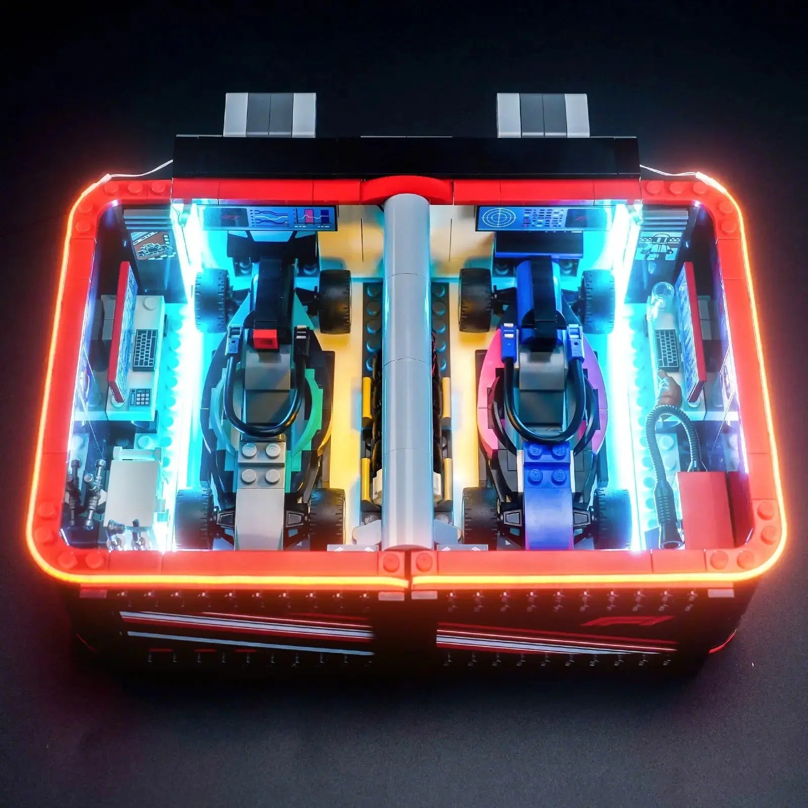 DIY LED light kit for LEGO® City F1 Garage & Mercedes-AMG & Alpine Cars #60444, front view fully lit
