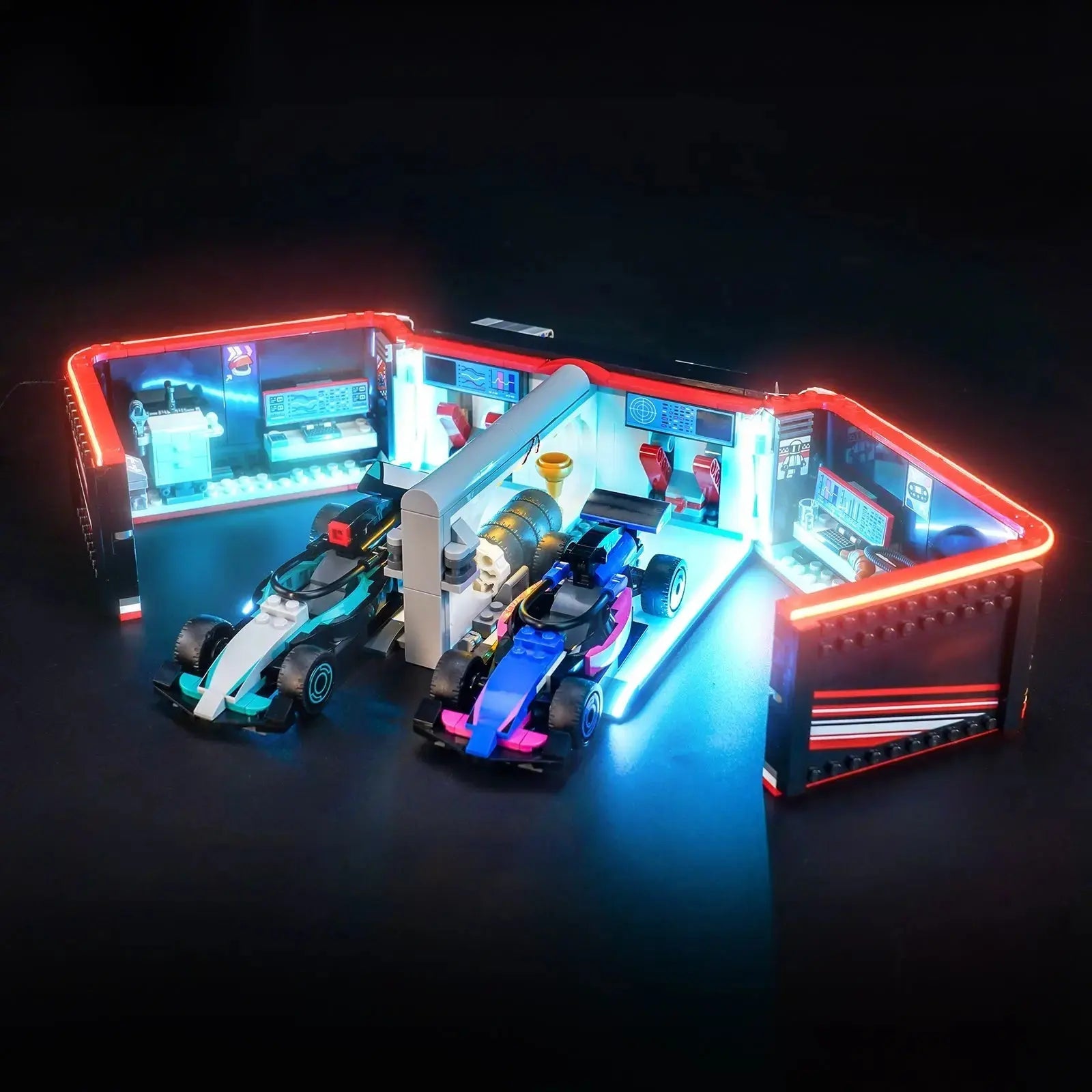 LEGO® City F1 Garage & Mercedes-AMG & Alpine Cars #60444 — installed and glowing (LED light kit)