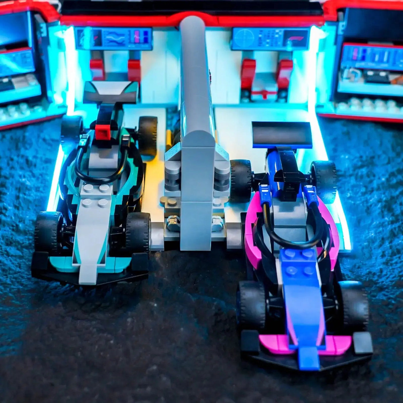 premium LED light kit for LEGO® City F1 Garage & Mercedes-AMG & Alpine Cars #60444, front view fully lit