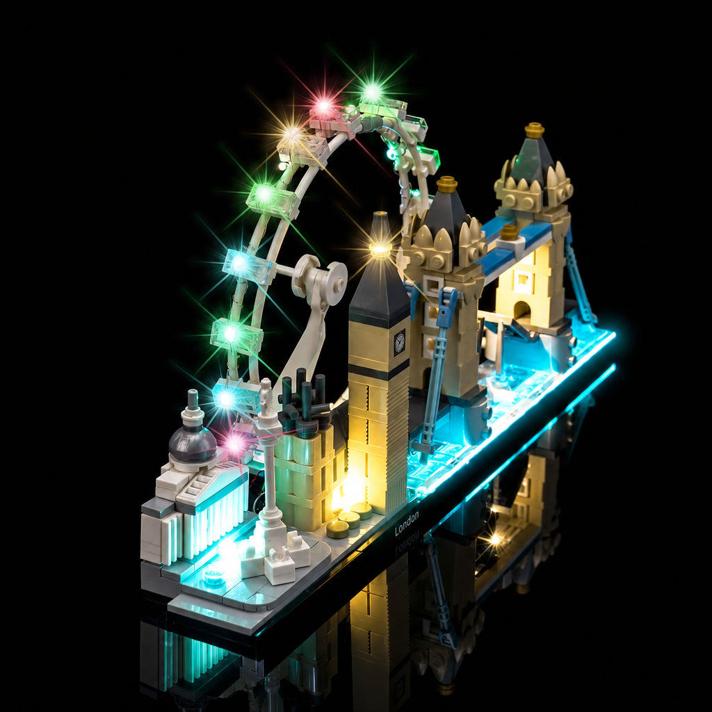 LEGO® City Skyline Series: London #21034 — side angle with lights on (custom LED lighting)