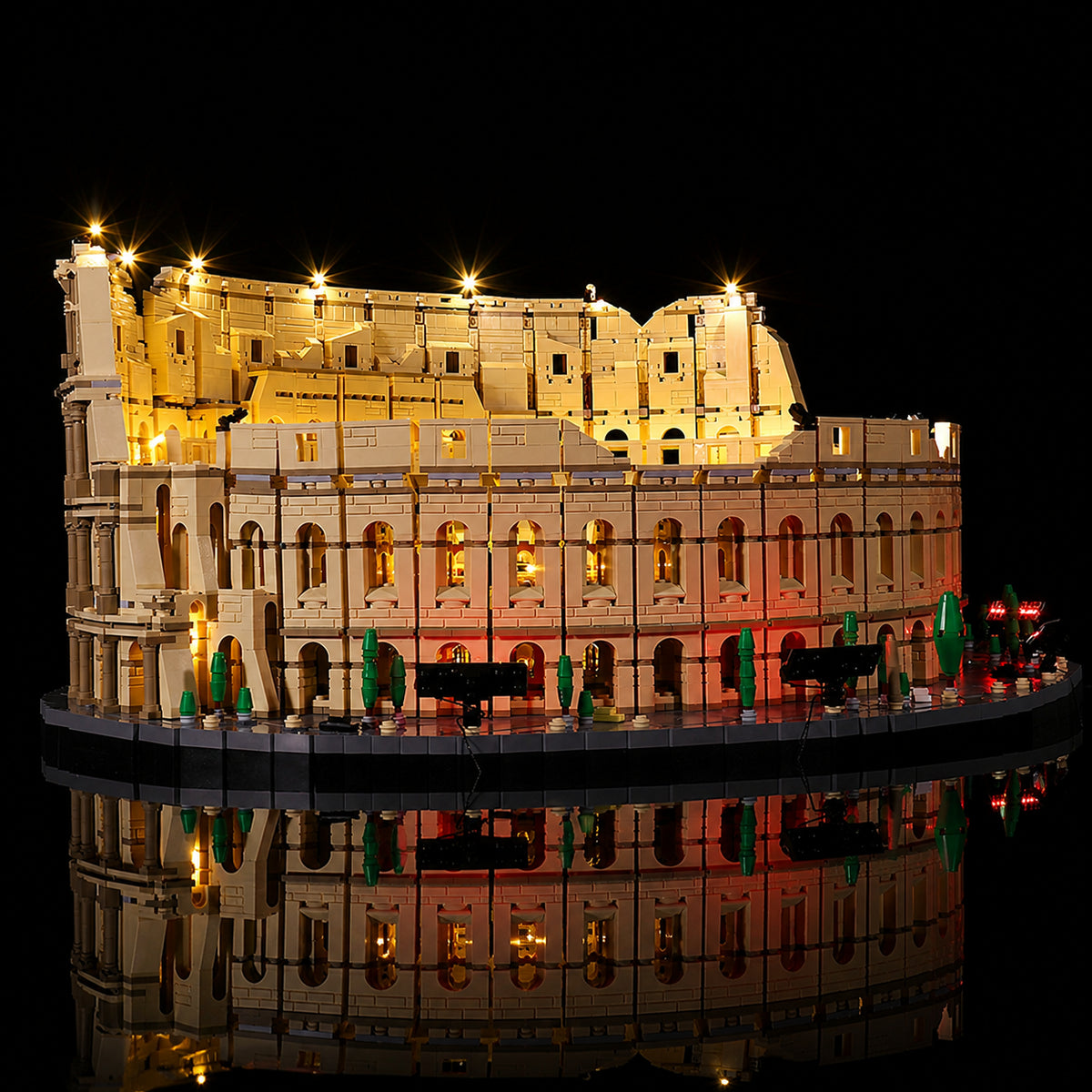 LEGO® Colosseum #10276 side angle with lights on, with the custom LED lighting