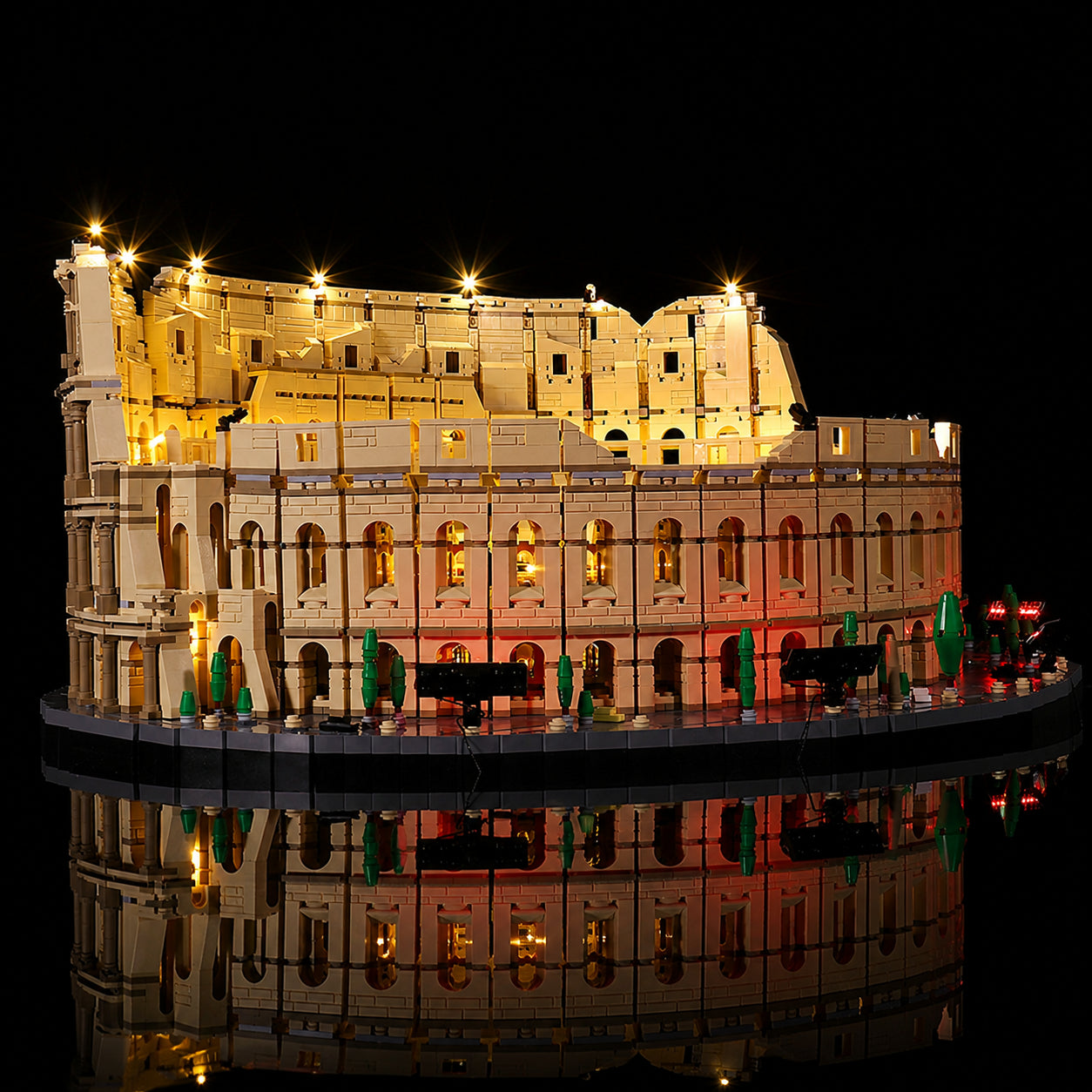 LEGO® Colosseum #10276 side angle with lights on, with the custom LED lighting