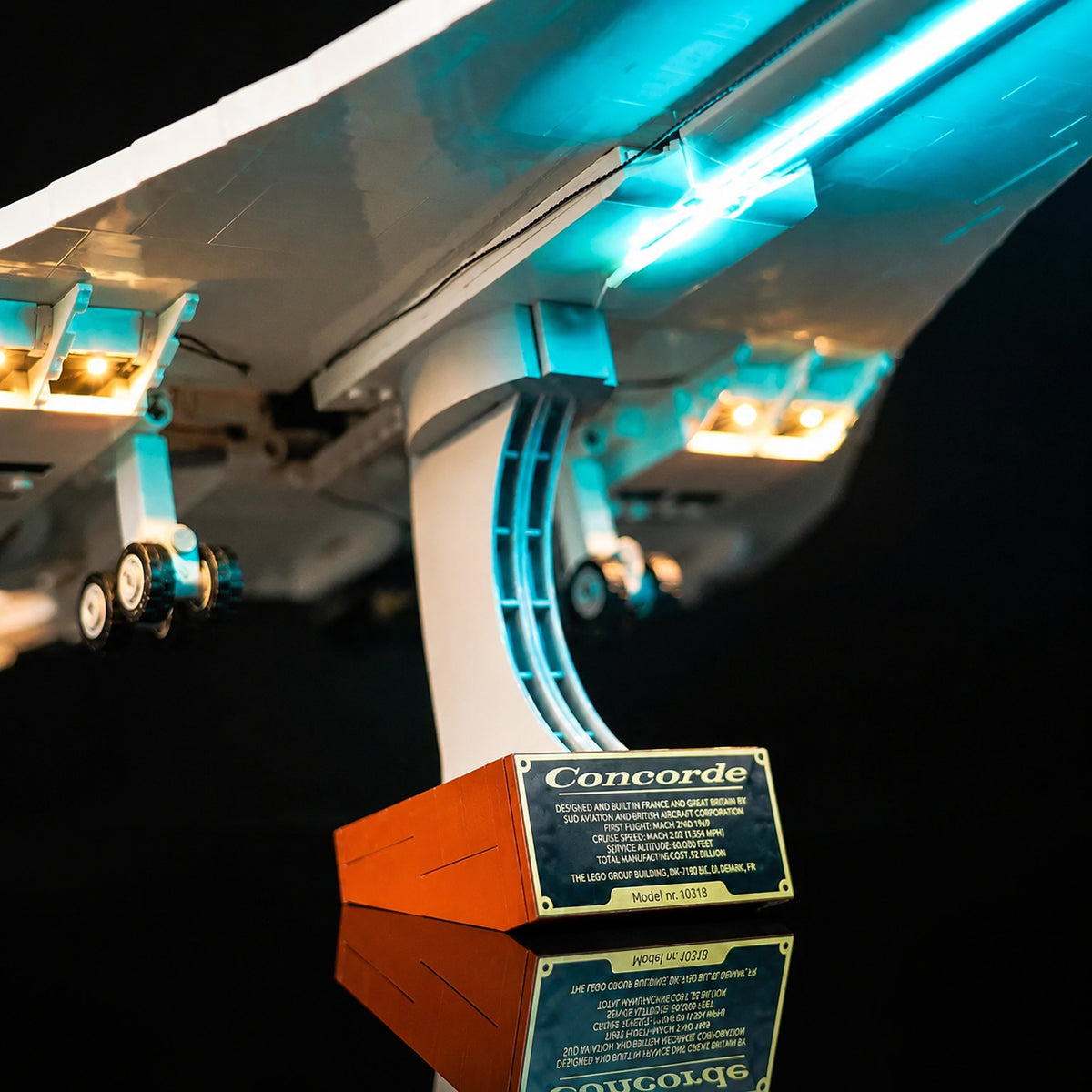 USB-powered LED light kit for LEGO® Concorde #10318, illuminated at night