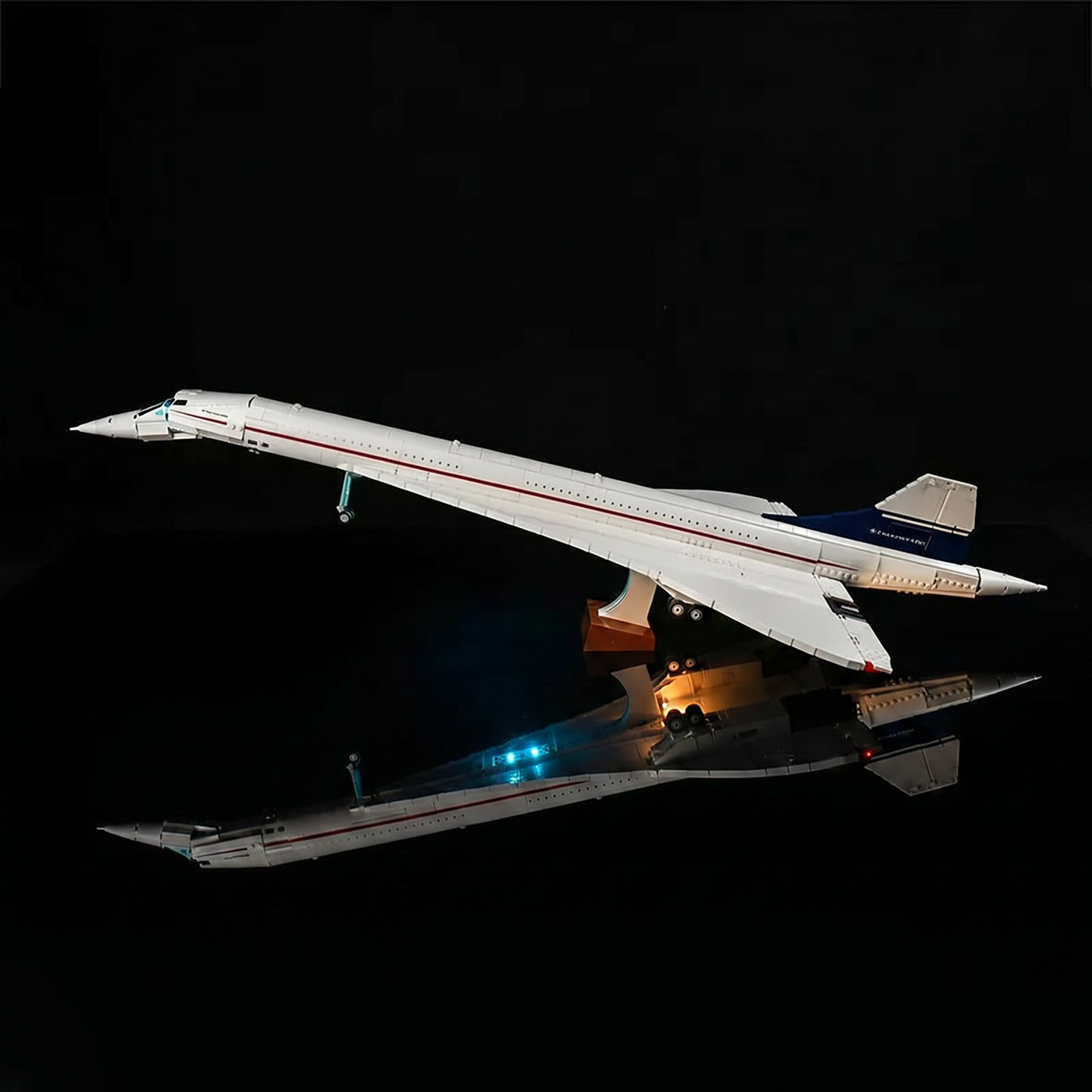 LEGO® Concorde #10318 lighting effect on the build, with the custom LED lighting