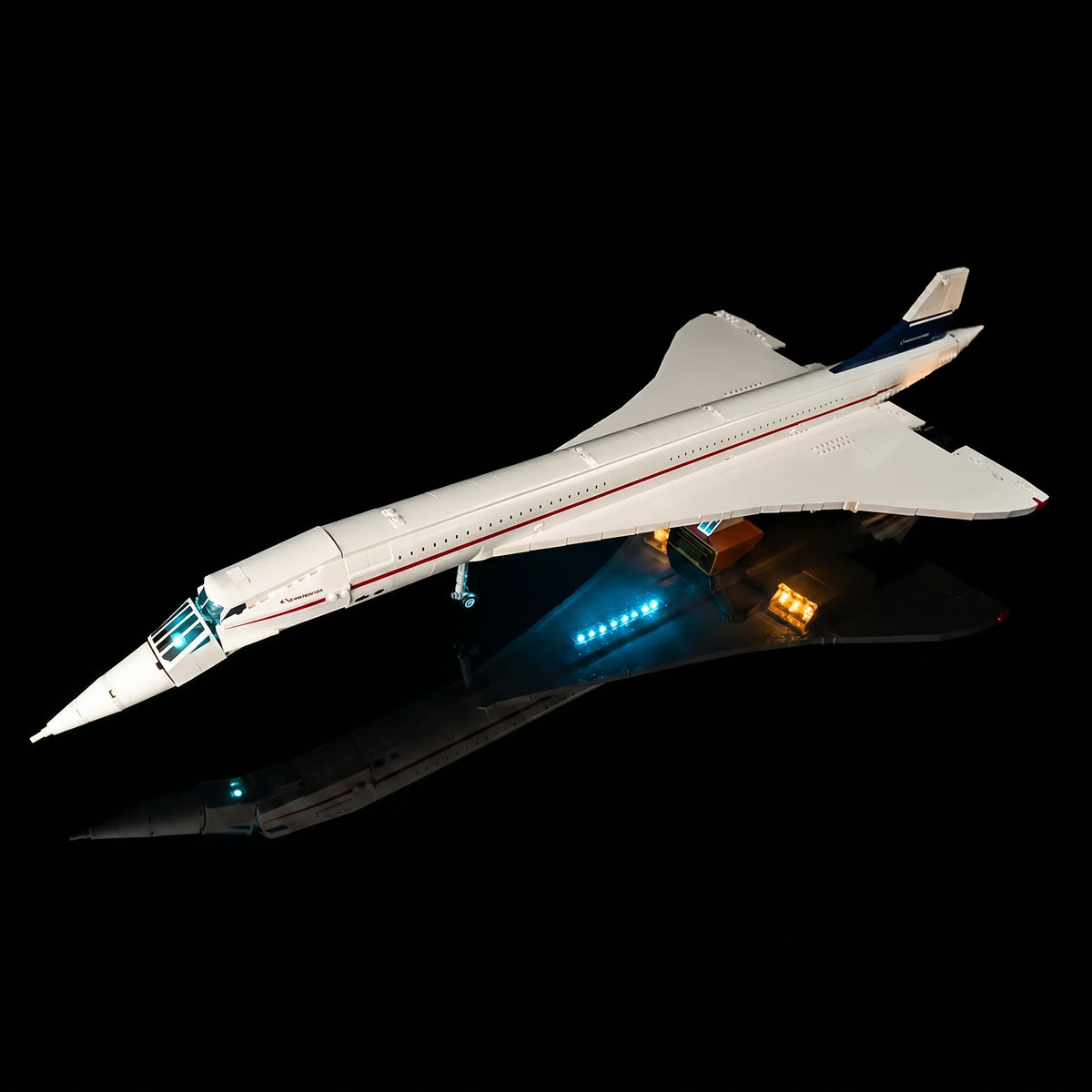 LEGO® Concorde #10318 — installed and glowing (USB-powered LED light kit)
