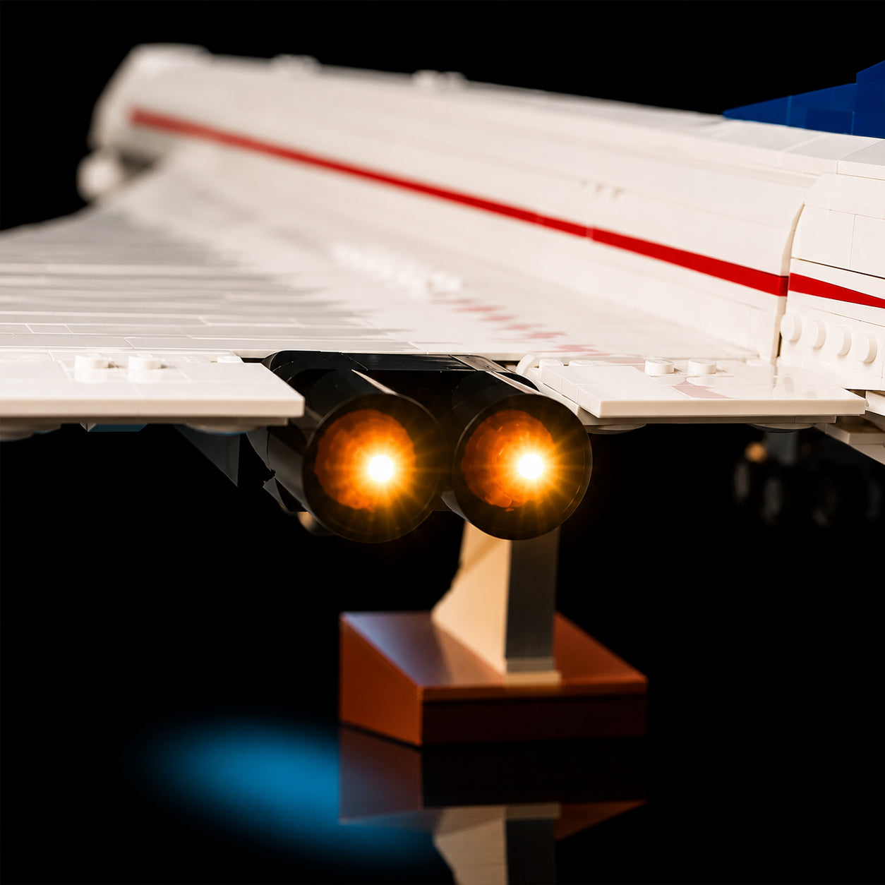 LEGO® Concorde #10318 — side angle with lights on (RGB LED light kit)