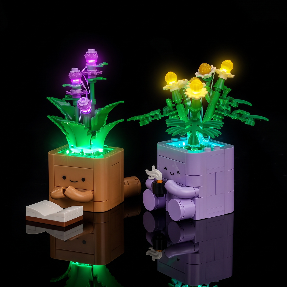 Front view with the brown pot and open book beside the purple pot and teacup — LEGO® Cozy Plants #10371