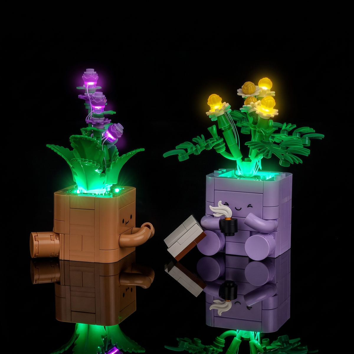 Rear-side angle of the brown pot with the lit pair reflected below — LEGO® Cozy Plants #10371