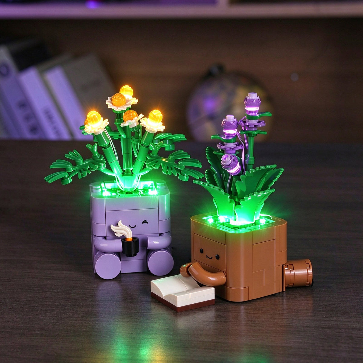 Both illuminated plant pots on a wooden surface in front of books — LEGO® Cozy Plants #10371