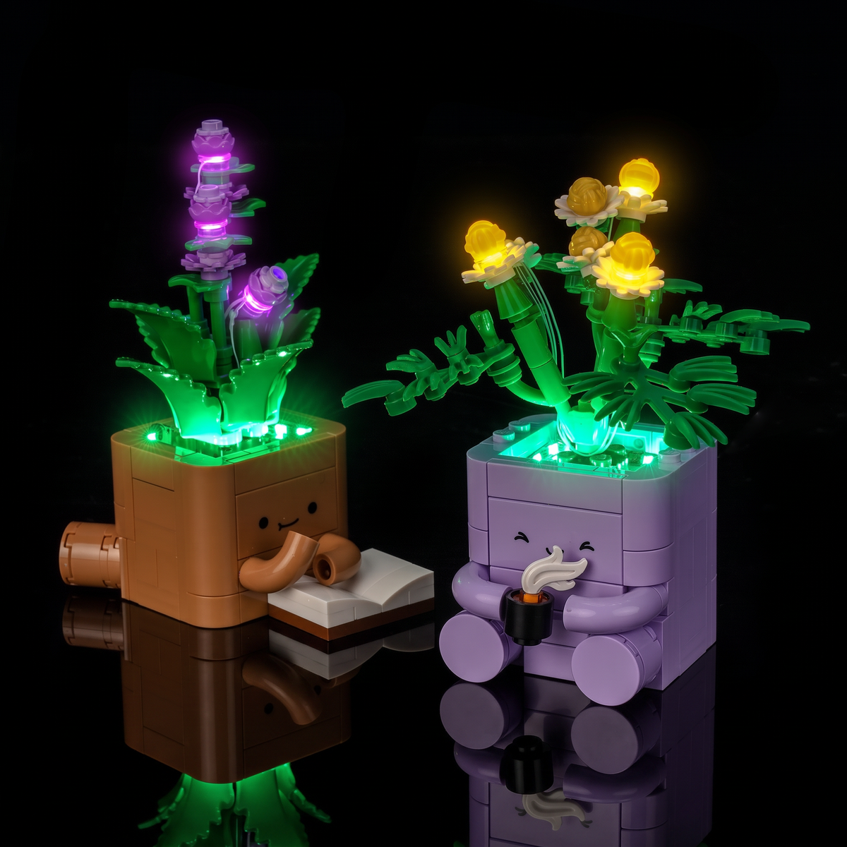Angled front view of the brown reading pot and purple teacup pot — LEGO® Cozy Plants #10371