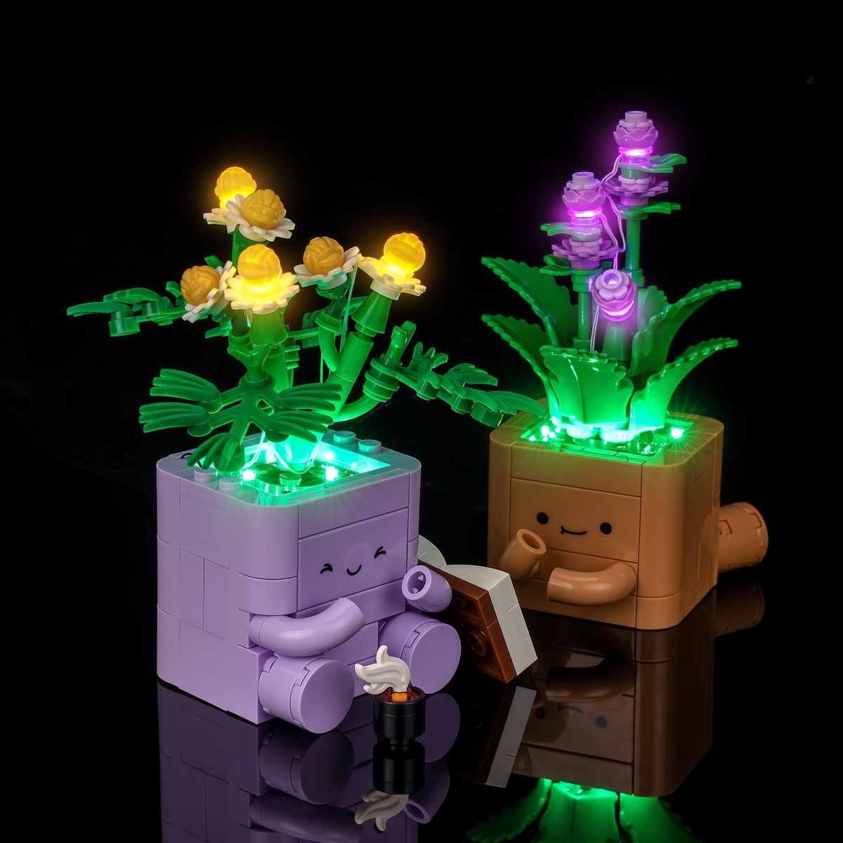 Three-quarter view of the teacup pot in front of the book-reading pot — LEGO® Cozy Plants #10371