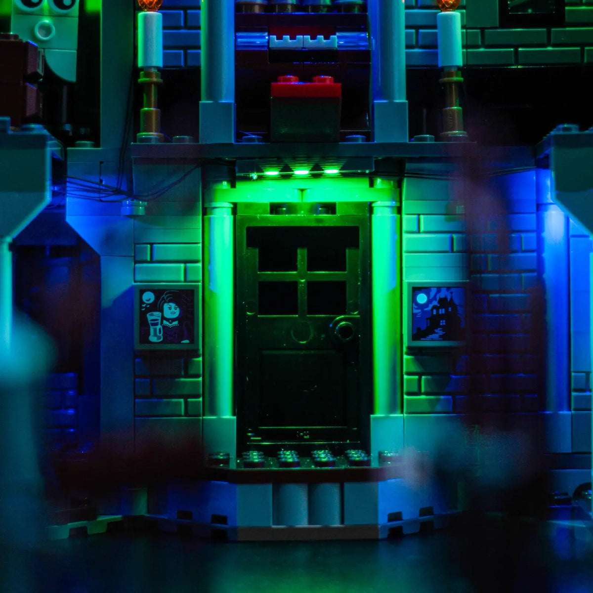 RGB LED light kit for LEGO® Creator 3-in-1 Haunted Mansion #31167, illuminated at night